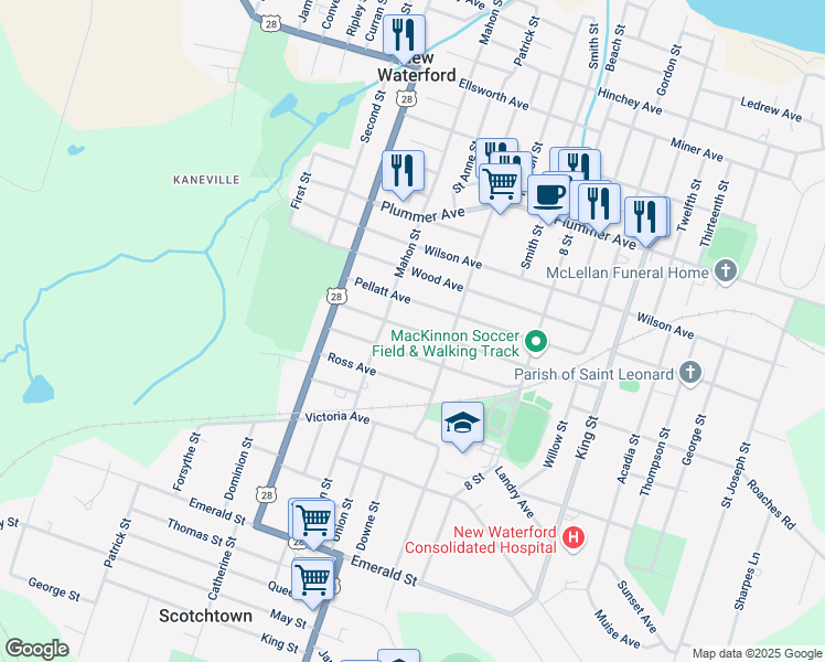 map of restaurants, bars, coffee shops, grocery stores, and more near 3474 Warren Avenue in New Waterford