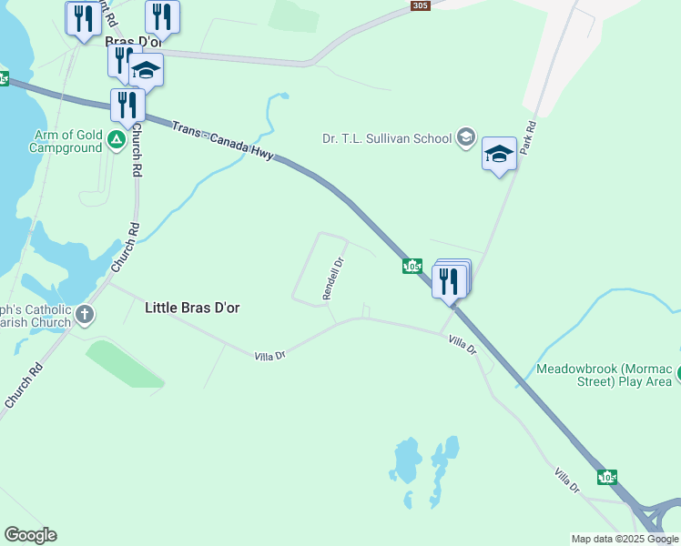 map of restaurants, bars, coffee shops, grocery stores, and more near 51 Rendell Drive in Little Bras D'or