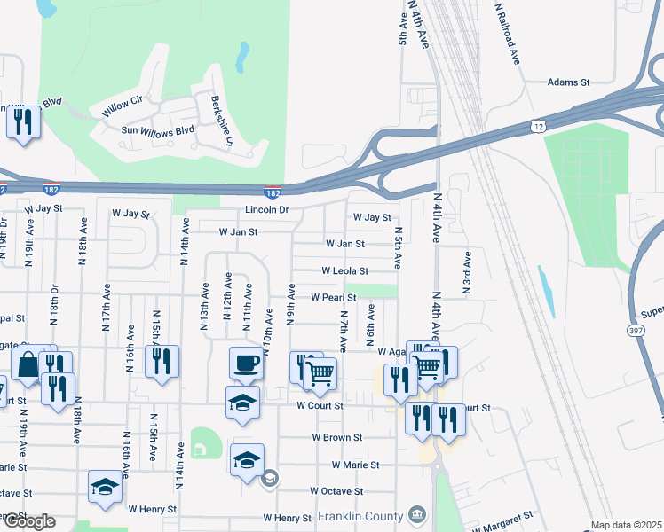 map of restaurants, bars, coffee shops, grocery stores, and more near 912 West Jan Street in Pasco