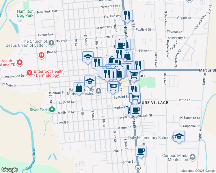 map of restaurants, bars, coffee shops, grocery stores, and more near 175 South 3rd Street in Hamilton