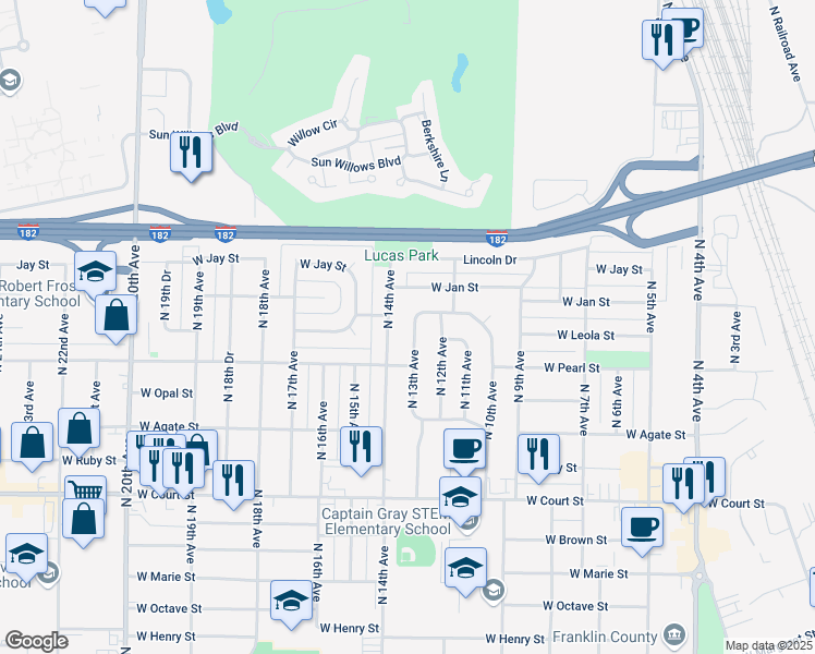 map of restaurants, bars, coffee shops, grocery stores, and more near 2013 Riverview Drive in Pasco
