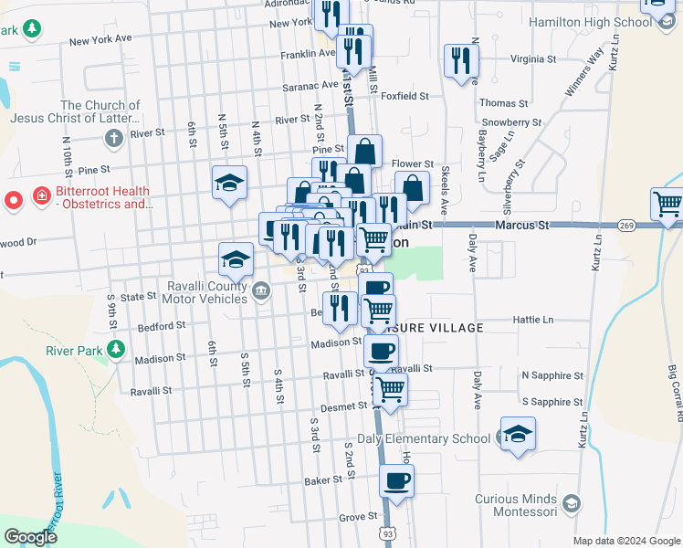 map of restaurants, bars, coffee shops, grocery stores, and more near 109b South 1st Street in Hamilton