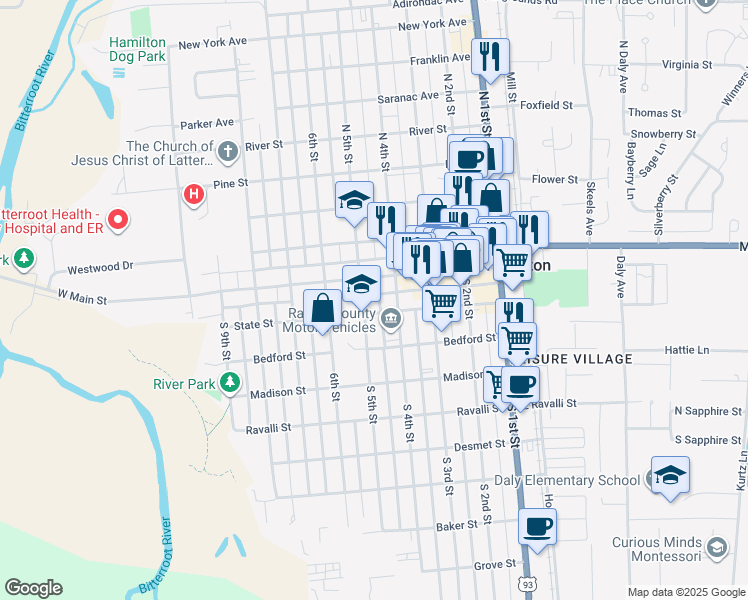 map of restaurants, bars, coffee shops, grocery stores, and more near 407 West Main Street in Hamilton