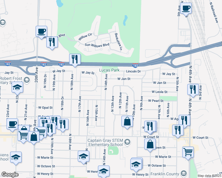 map of restaurants, bars, coffee shops, grocery stores, and more near 2013 Riverview Drive in Pasco