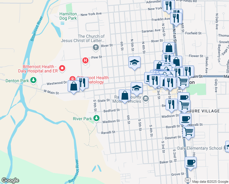map of restaurants, bars, coffee shops, grocery stores, and more near 701 West Main Street in Hamilton
