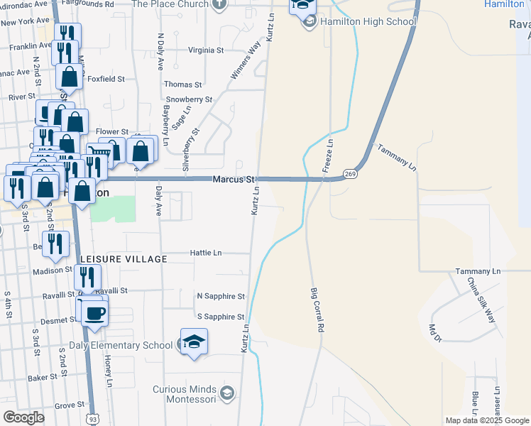 map of restaurants, bars, coffee shops, grocery stores, and more near 120 Kurtz Ln in Hamilton