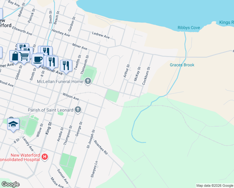 map of restaurants, bars, coffee shops, grocery stores, and more near 3082 Plummer Avenue in New Waterford