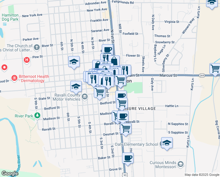 map of restaurants, bars, coffee shops, grocery stores, and more near 109b South 1st Street in Hamilton