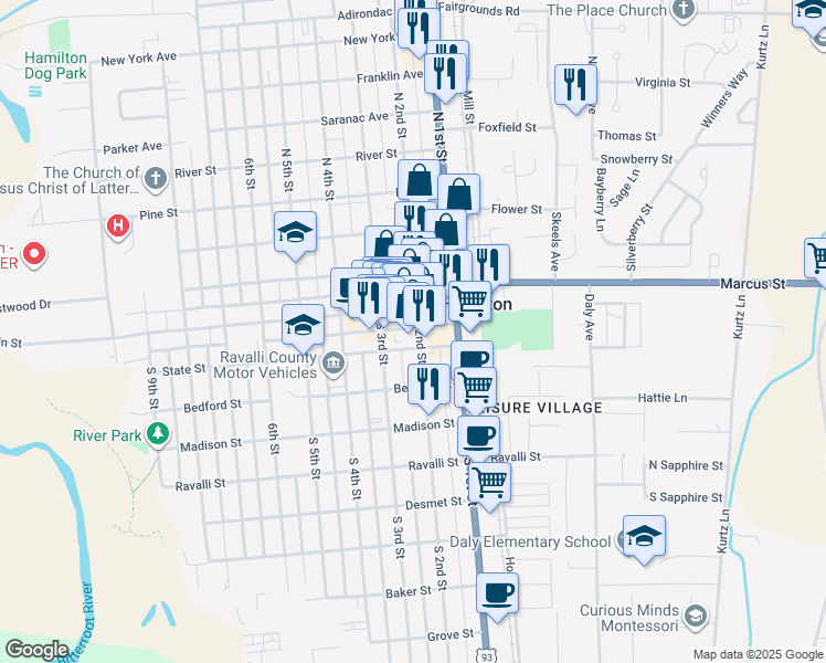 map of restaurants, bars, coffee shops, grocery stores, and more near 165 South 2nd Street in Hamilton