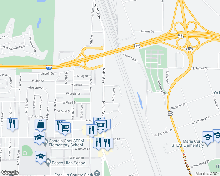 map of restaurants, bars, coffee shops, grocery stores, and more near 1950 North 3rd Avenue in Pasco