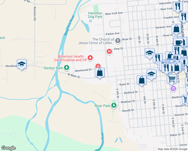map of restaurants, bars, coffee shops, grocery stores, and more near 1110 West Main Street in Hamilton