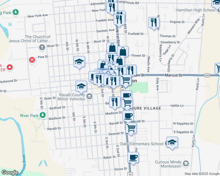 map of restaurants, bars, coffee shops, grocery stores, and more near 165 South 2nd Street in Hamilton