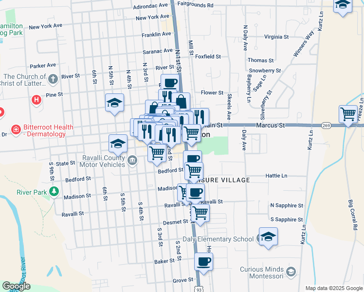 map of restaurants, bars, coffee shops, grocery stores, and more near 109b South 1st Street in Hamilton