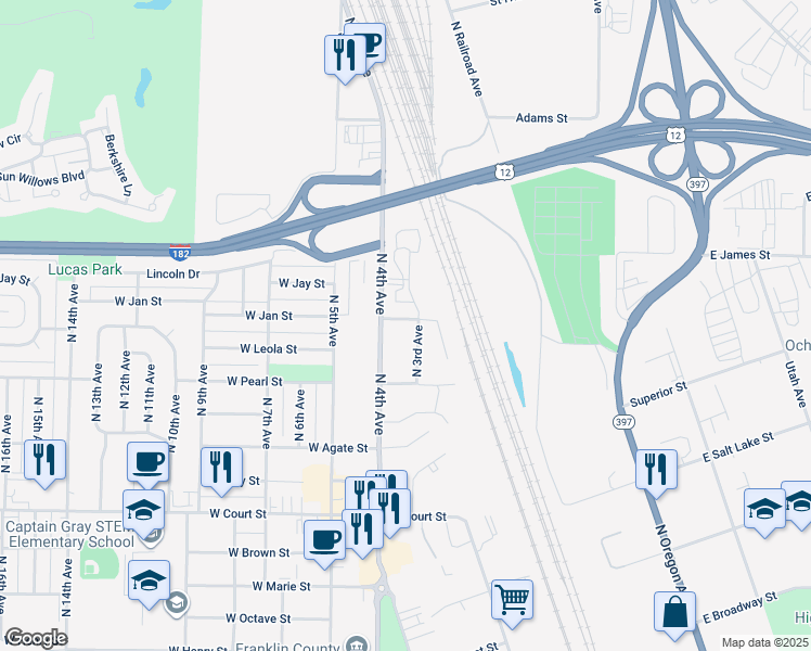 map of restaurants, bars, coffee shops, grocery stores, and more near 1950 North 3rd Avenue in Pasco