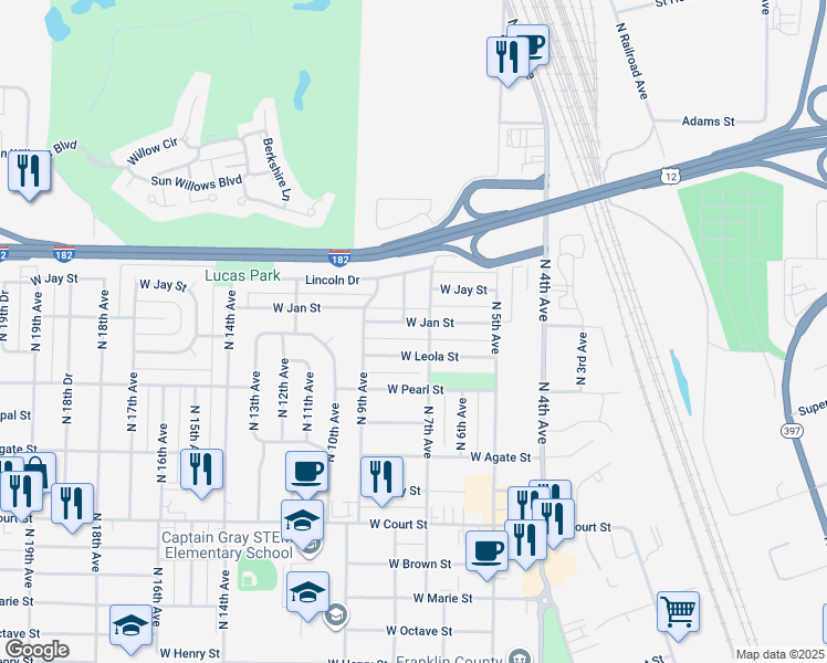 map of restaurants, bars, coffee shops, grocery stores, and more near 912 W Jan St in Pasco