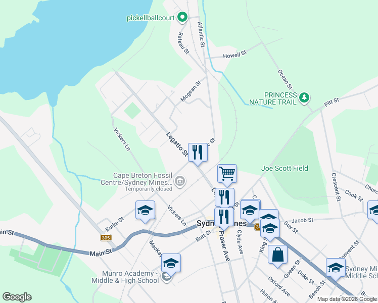 map of restaurants, bars, coffee shops, grocery stores, and more near 186 Legatto Street in Sydney Mines