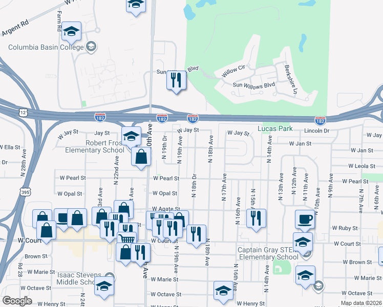 map of restaurants, bars, coffee shops, grocery stores, and more near 1932 North 18th Drive in Pasco
