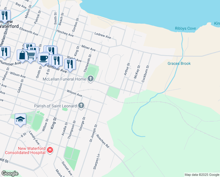 map of restaurants, bars, coffee shops, grocery stores, and more near 452 Saint Joseph Street in New Waterford