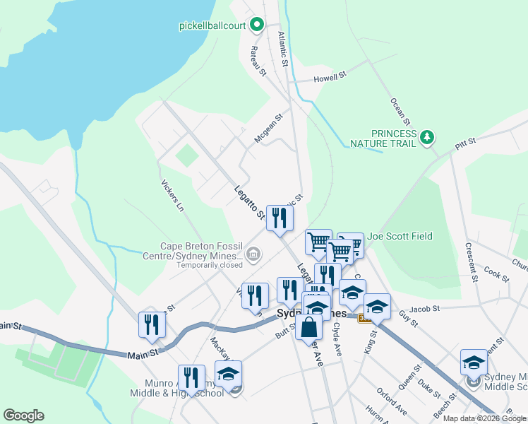 map of restaurants, bars, coffee shops, grocery stores, and more near 186 Legatto Street in Sydney Mines