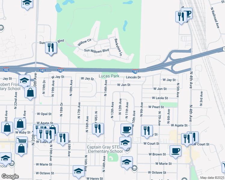 map of restaurants, bars, coffee shops, grocery stores, and more near 2013 Riverview Drive in Pasco