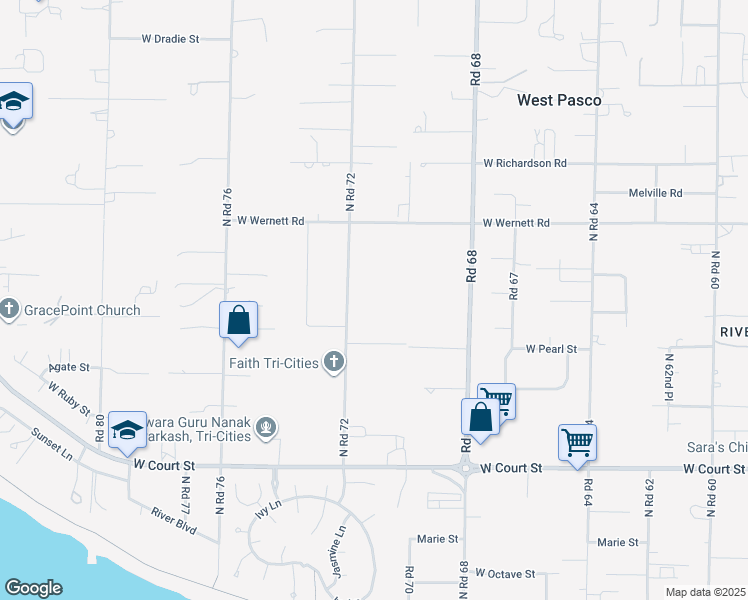 map of restaurants, bars, coffee shops, grocery stores, and more near 2017 North Road 72 in Pasco