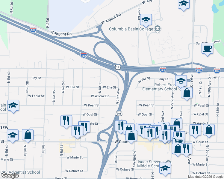 map of restaurants, bars, coffee shops, grocery stores, and more near 2816 West Ella Street in Pasco