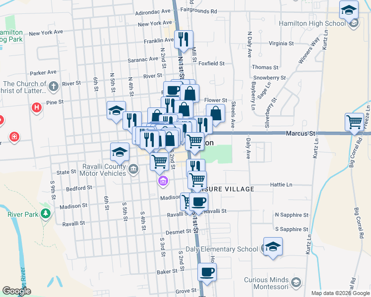 map of restaurants, bars, coffee shops, grocery stores, and more near 109b South 1st Street in Hamilton