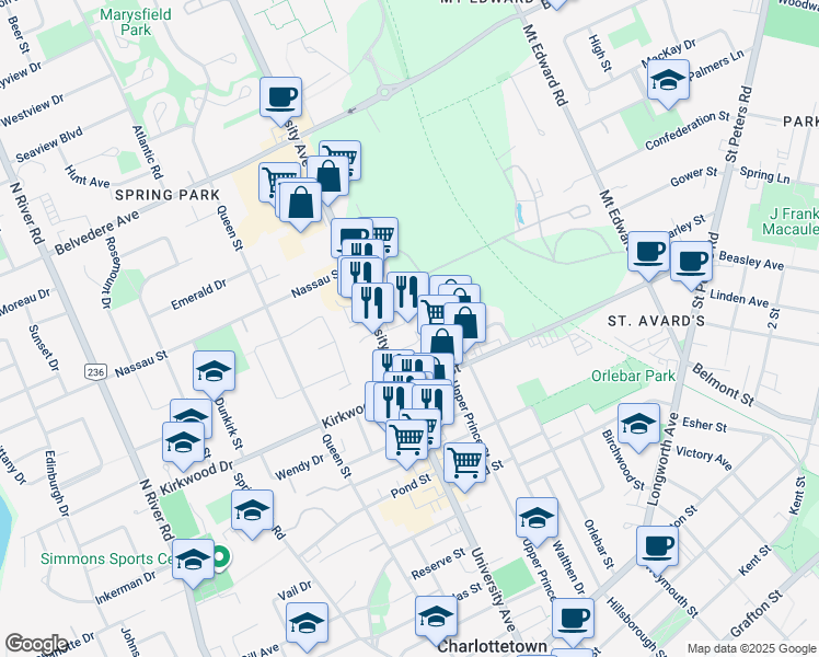 map of restaurants, bars, coffee shops, grocery stores, and more near 426 University Avenue in Charlottetown