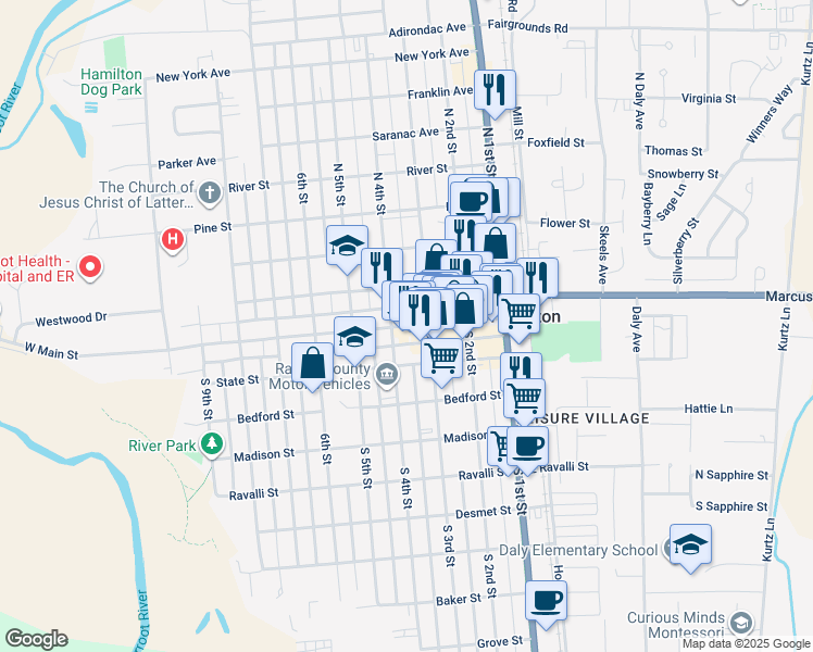 map of restaurants, bars, coffee shops, grocery stores, and more near in Grantsdale