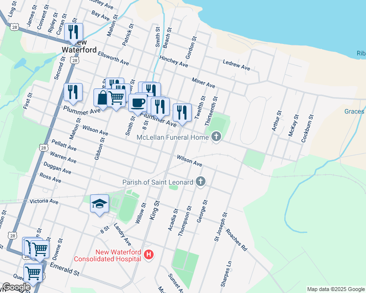 map of restaurants, bars, coffee shops, grocery stores, and more near 483 Twelfth Street in New Waterford