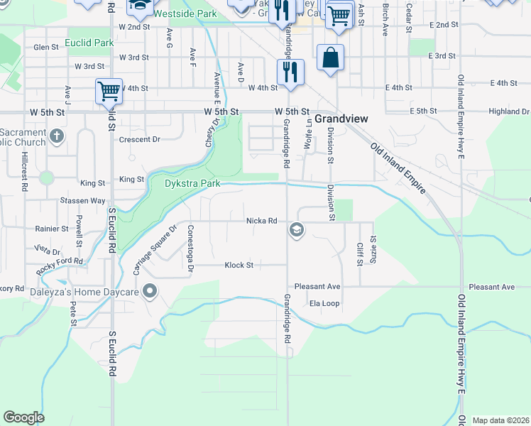 map of restaurants, bars, coffee shops, grocery stores, and more near 405 Nicka Road in Grandview
