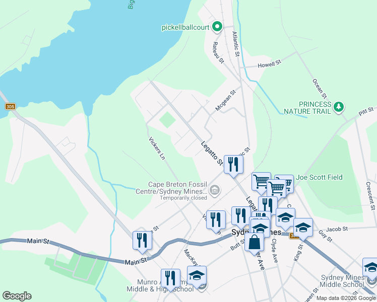 map of restaurants, bars, coffee shops, grocery stores, and more near 5 Bugden Street in Sydney Mines