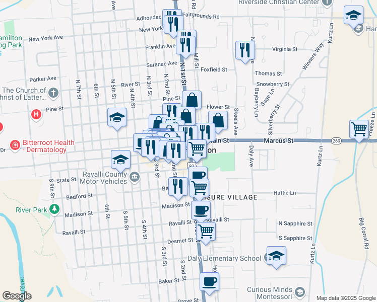 map of restaurants, bars, coffee shops, grocery stores, and more near Bitterroot Bike Trail in Hamilton