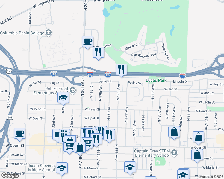map of restaurants, bars, coffee shops, grocery stores, and more near 1932 North 18th Drive in Pasco