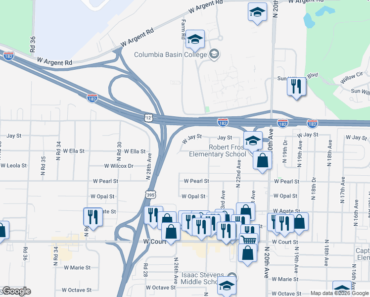map of restaurants, bars, coffee shops, grocery stores, and more near 2508 West Ella Street in Pasco