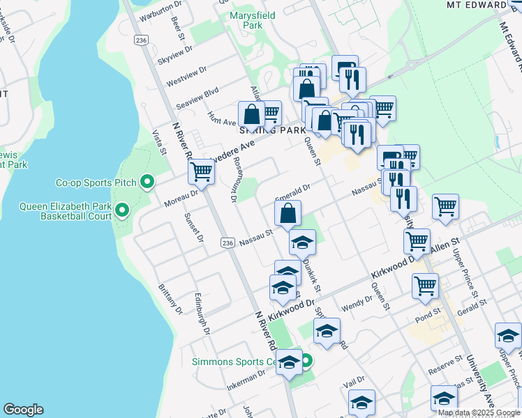 map of restaurants, bars, coffee shops, grocery stores, and more near 52 Trafalgar Street in Charlottetown