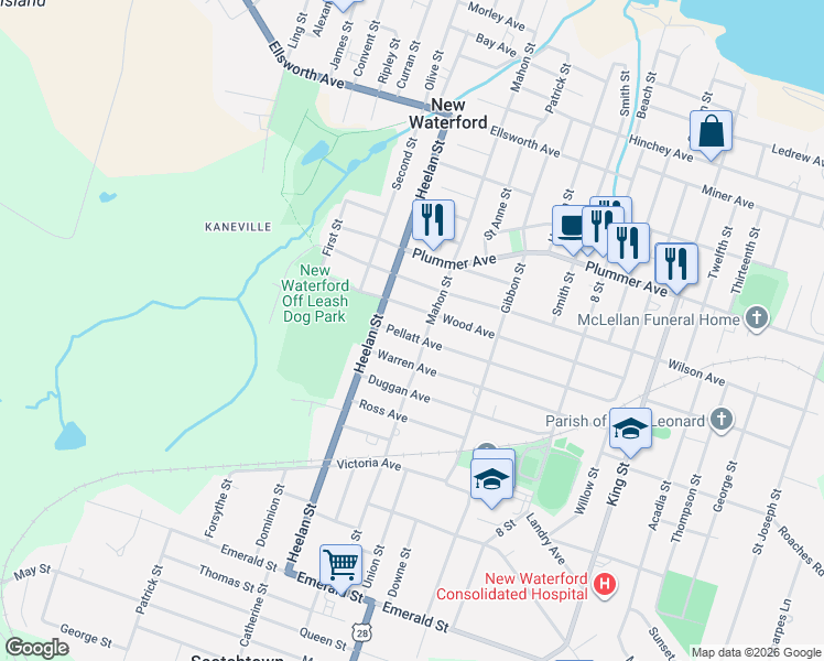 map of restaurants, bars, coffee shops, grocery stores, and more near 3509 Warren Avenue in New Waterford