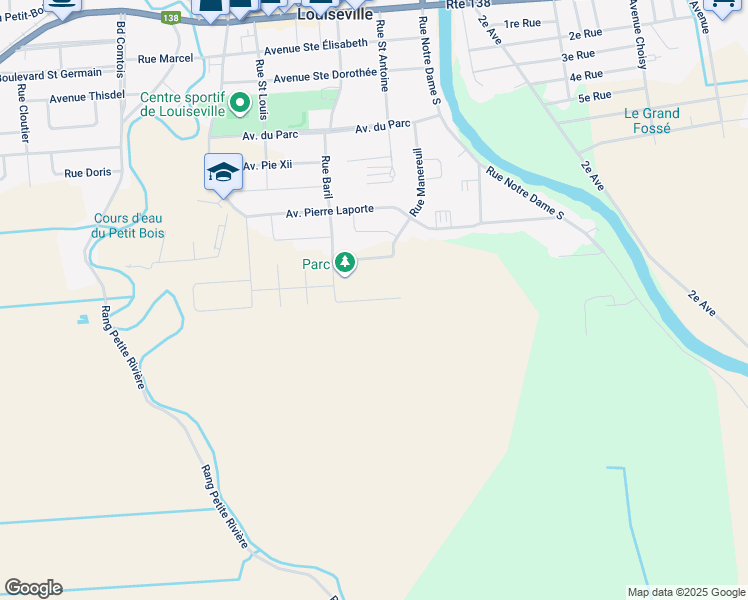 map of restaurants, bars, coffee shops, grocery stores, and more near Avenue Jean-Lechasseur in Louiseville