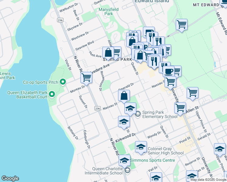 map of restaurants, bars, coffee shops, grocery stores, and more near 3 Emerald Drive in Charlottetown