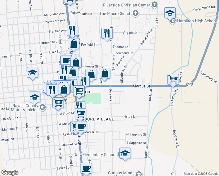 map of restaurants, bars, coffee shops, grocery stores, and more near 250 Marcus Street in Hamilton