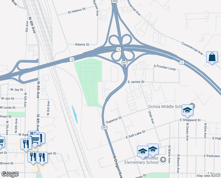 map of restaurants, bars, coffee shops, grocery stores, and more near 1400 North Oregon Avenue in Pasco