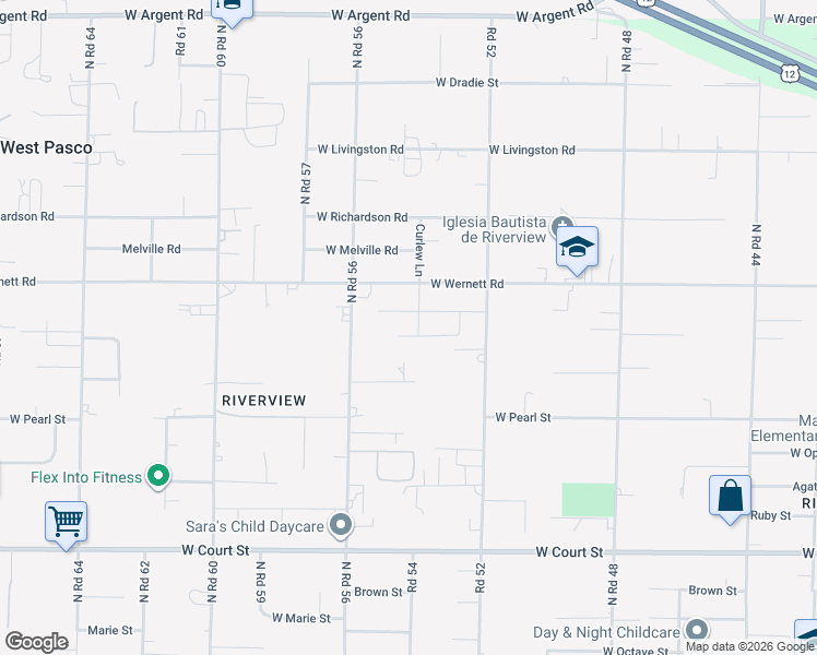 map of restaurants, bars, coffee shops, grocery stores, and more near 5200-5398 West Wernett Road in Pasco