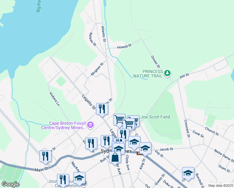map of restaurants, bars, coffee shops, grocery stores, and more near 288 Atlantic Street in Sydney Mines