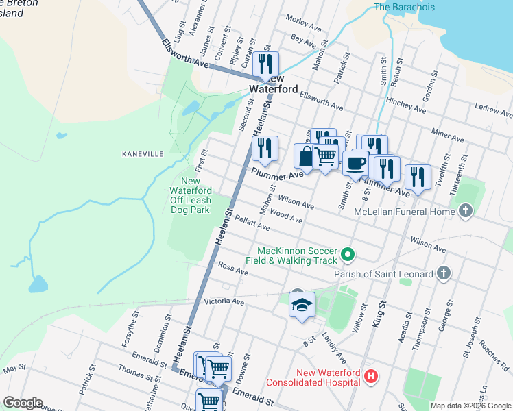map of restaurants, bars, coffee shops, grocery stores, and more near 3515 Wood Avenue in New Waterford