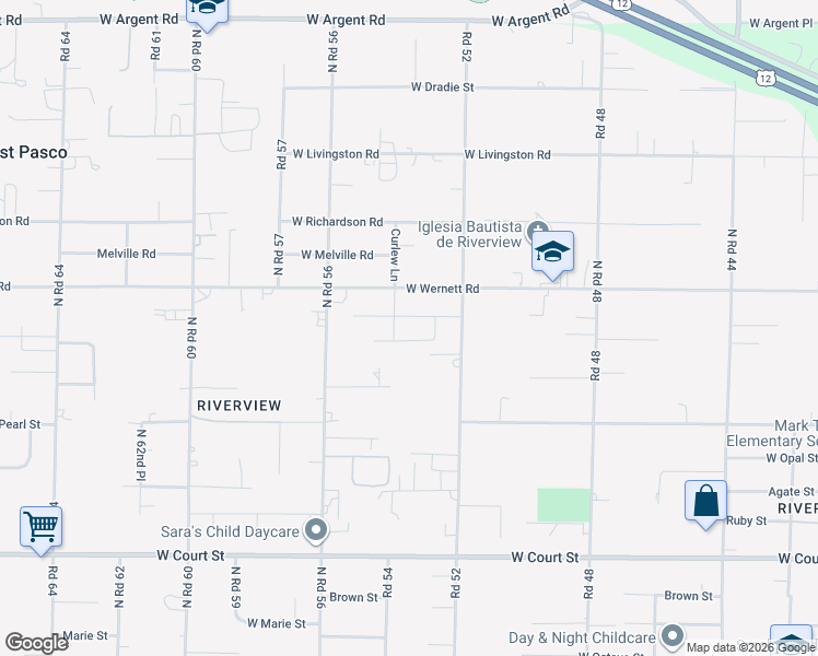 map of restaurants, bars, coffee shops, grocery stores, and more near 5200-5398 West Wernett Road in Pasco
