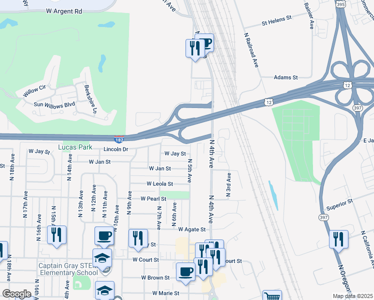 map of restaurants, bars, coffee shops, grocery stores, and more near 703 West Jay Street in Pasco