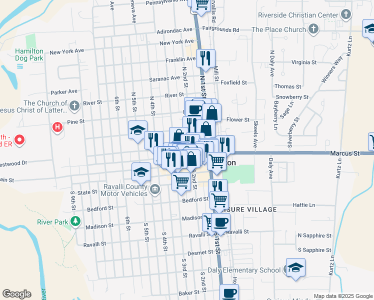 map of restaurants, bars, coffee shops, grocery stores, and more near 129 South 2nd Street in Hamilton