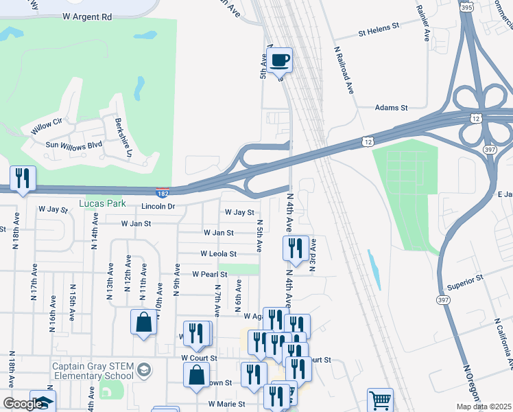 map of restaurants, bars, coffee shops, grocery stores, and more near 703 W Jay St in Pasco