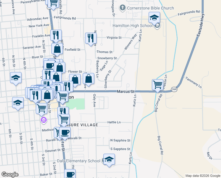 map of restaurants, bars, coffee shops, grocery stores, and more near Silverberry Street in Hamilton