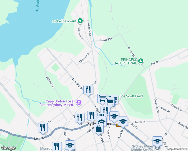map of restaurants, bars, coffee shops, grocery stores, and more near 277 Atlantic Street in Sydney Mines